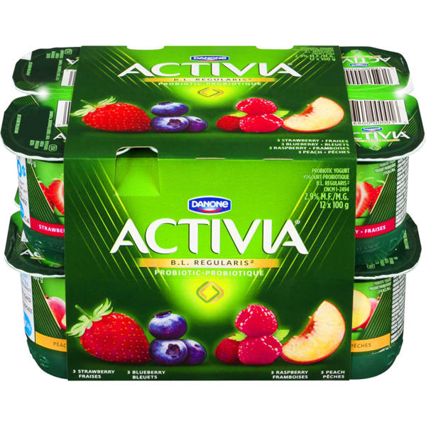 Picture of DANONE ACTIVIA STRAWBERRY/BLUEBERRY/RASPBERRY/PEACH 2.9% M.F. PROBIOTIC YOGURT, [12X100g]