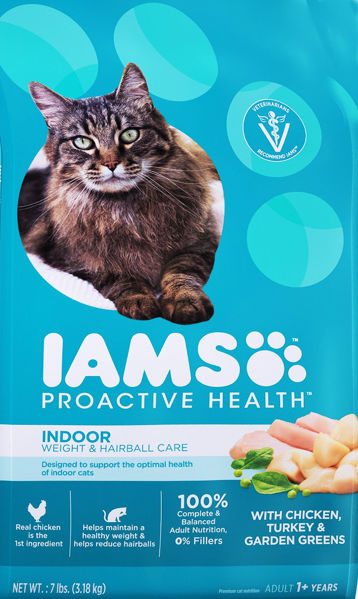 Picture of IAMS PROACTIVE HEALTH INDOOR WEIGHT AND HAIRBALL CARE DRY CAT FOOD [3.18 kg]